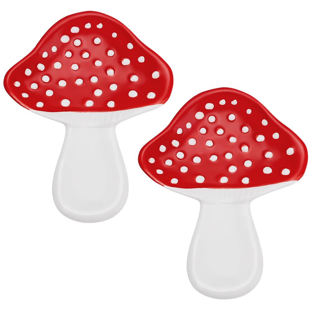 PLIGREAT 2 Pcs Mushroom Spoon Rests Ceramic Utensil Spoon Holder for Stove Top Counter Porcelain Cooking Rest for Spatula Ladle Kitchen Counter Decor, Red