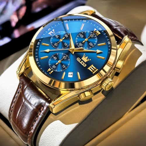 Image of OLEVS Men's Watches Brown Leather with Date,Casual Watches for Men,Large Face Watches Men,Chronograph Mens Watch,Sport Waterproof Business Dress Analog Quartz Men's Wrist Watches Reloj De Hombre