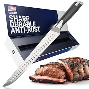 FOXEL 10 Inch Brisket Carving Slicer Knife – German High Carbon Stainless Steel – Perfect for Slicing Meat, Turkey, BBQ & Prime Rib – with Hollow Edge Divots, Shock-Resistant Handle