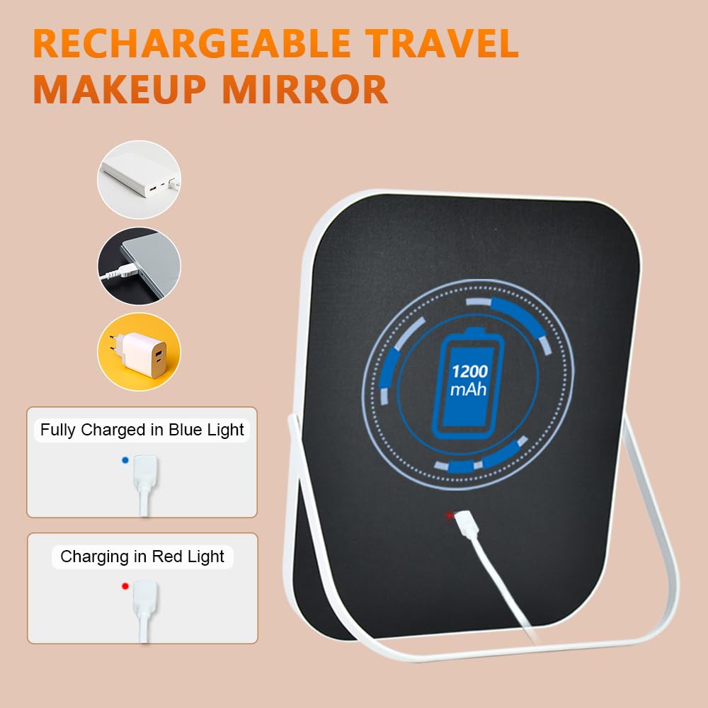 YEKKOPT Wiederaufladbarer Kosmetikspiegel mit Lichtern, 20,3 x 25,4 cm, 3-farbige Beleuchtung, tragbarer Make-up-Spiegel mit Touchscreen, verstellbare LED-Lichter, Schreibtischspiegel für Reisen