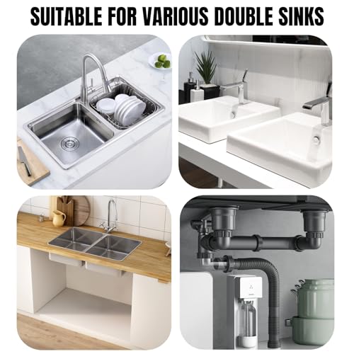 Expandable Flexible 1 1/2\" or 1 1/4\" Pipe kit for Double Kitchen Sink, All-In-One-Drain Kit for Double Bowl Sinks, Space saving, Suitable for Kitchen, Bathroom, Restroom