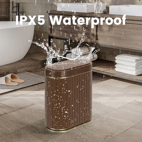 Image of ELPHECO Bathroom Motion Sensor Trash can, 2 Gallon Automatic Garbage Can, Slim Plastic Smart Trash Can with Lid, Commercial Intelligent Trash Bin for Bedroom, Bathroom, Office, Brown Gold