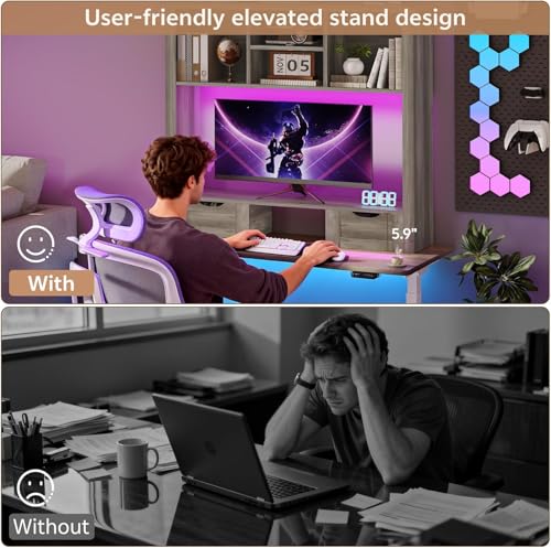 Image of Desk Shelf with Computer Monitor Stand, 37.4''W Desktop Bookshelf Display Rack, Desktop Organizer Storage Rack with Cubbies & Drawers, 5-Tier Hutch for Home, Office, Dorm, Vanity, Grey