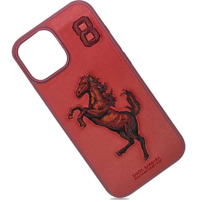 Image of Santa Barbara Embroidered Horse Series Leather Red Back Case Compatible with iPhone 15 Series (iPhone 15)