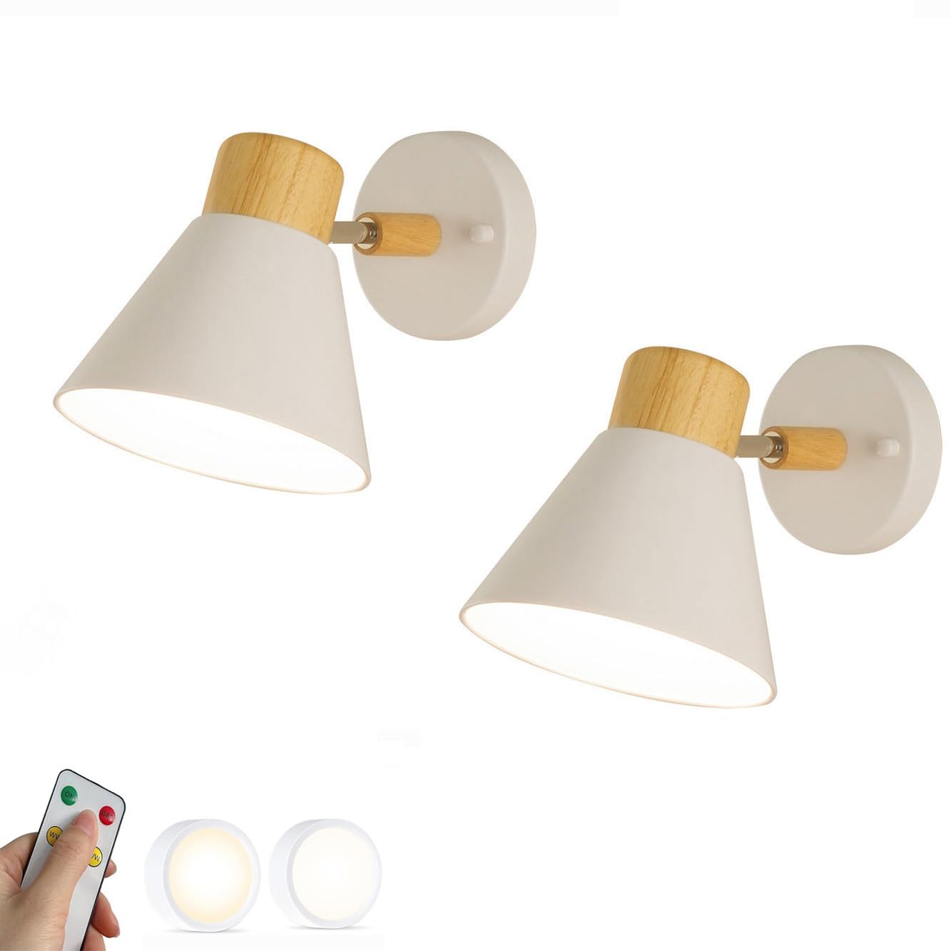 LYUXIANG 2 Set Battery Operated Wall Light Rechargeable USB Led Bedside Wall Lamp Remote Indoor Cordless Wireless Lamp Adjustable Arm Metals Modern Wall Lighting for Bedroom Living Room/White