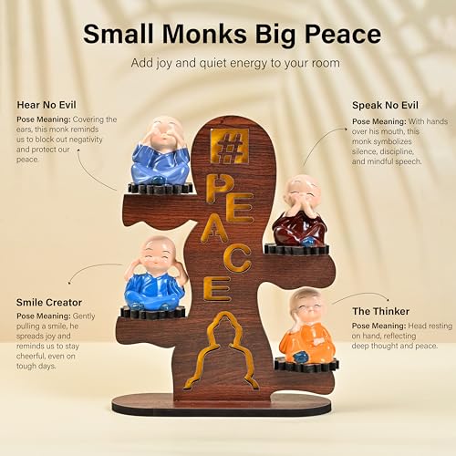 Image of ZAICUS Buddha Monk Showpiece for Home Office Decor Gift Item - 4 Baby Monk Figurines on Wooden Stand - Spiritual Statue for Decoration and Tabletop Display