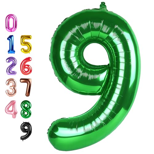 Image of Number Balloons 9 Balloon Dark Green for 9th Birthday Decoration, 40 inch | Saturated Color, Large 40 in, With Inflation Straw & Hanging Hole, For Back-To-School Season, Forest Picnic Party, Christmas