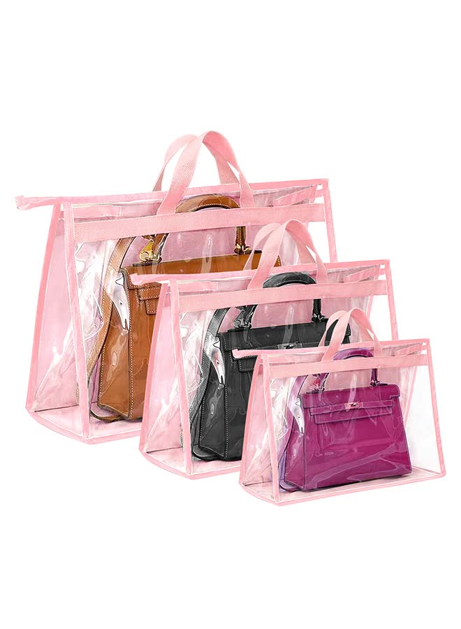 HomarketHomarket 3 Pack Handbag Storage Bag PVC Transparent Dust Cover Wallet Handbag Storage Protection Moisture-proof Suitable for Handbag Organizing Hanging Wardrobe with Zipper and Handle (pink)