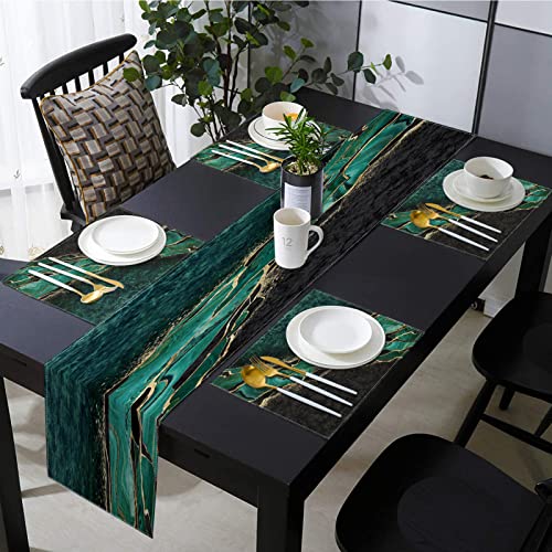 Emvency Marble Table Runner And Placemats Set Of 6, Green Black Gold Marbling Texture Modern Abstract Dining Table Decor For Daily Use(1 Table Runner 72 Inches Long And 6 Placemats) #TOP6