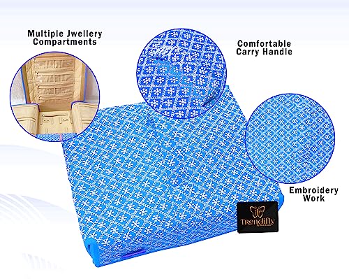 Image of Trendifly silk Lucknowi Jewellery Organiser Box for women Necklace organizer pouches Travel Makeup Cosmetic Earrings Jewelry Storage box for Bridal Gifting (Sky Blue)