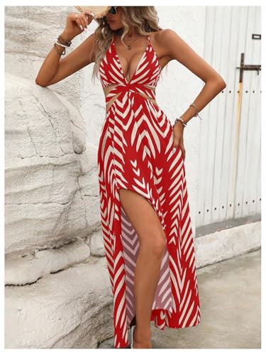 Image of SOLY HUX Women's Tie Backless Cut Out Halter Dress Deep V Neck High Split Long Flowy Dresses