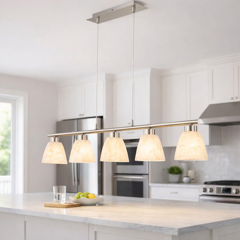 Esstischlampe Hängelampe Esstisch Hängeleuchte silber höhenverstellbar, 5 flammig, Metall nickel Glas weiß, 5x E14 Fassungen, HxLxB 120x93x13cm
