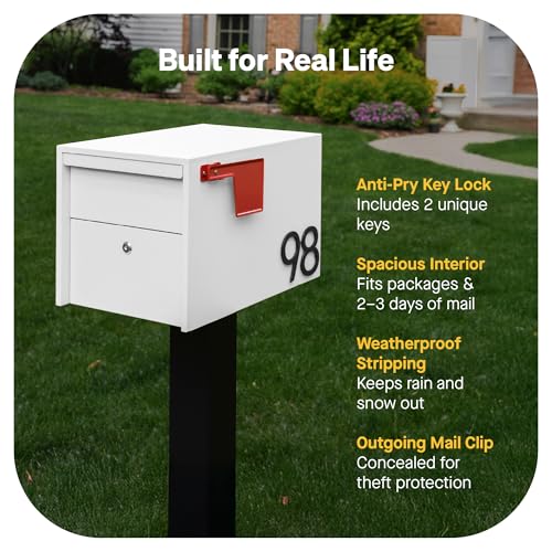 Image of Adoorn Lockable Post Mount Mailboxes for Outside - Small Anti-Theft Locking Mailbox for Packages and Letters - Weatherproof Construction - Durable Steel - 12 inch H x 12 inch W x 18.5 inch D - White