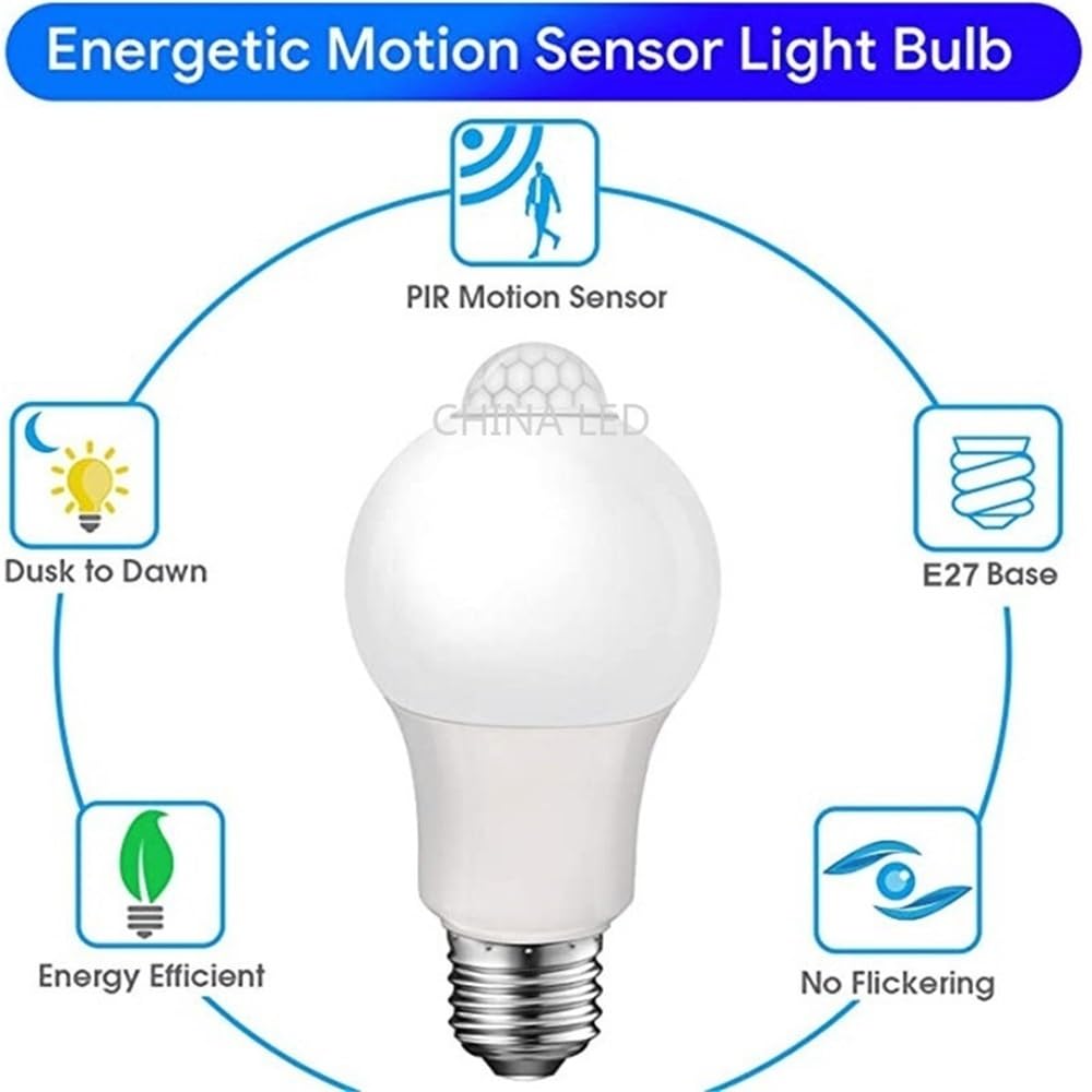 1fortunate Lights 1 0pcs AC85-265V 12W 15W 18W 20W LED PIR Bombilla del Sensor de Movimiento E27 2835SMD Lámpara de luz del Detector de Movimiento de radiación infrarroja(Blanco,20W)