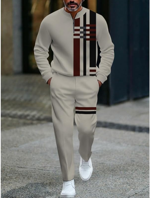 Men's fashion casual shirt jogging pants two-piece set, half zip long sleeved top pants sports set