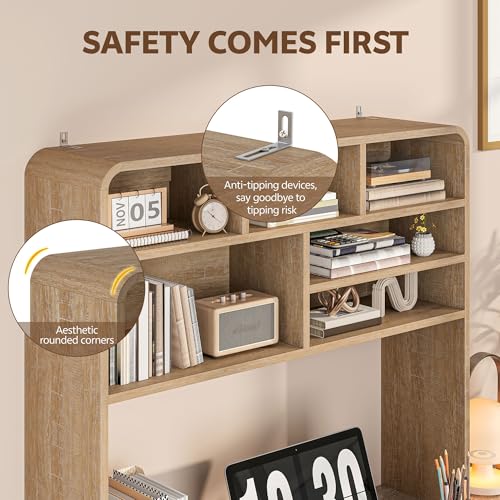 Image of 5-Tier Desk Shelf, 37.4''W Desktop Bookshelf for Computer Monitor, Desktop Organizer Shelf Storage Rack with 6 Cubbies, 5-Level Desk Hutch Display Rack for Home, Office, Dorm, Vanity, Natural