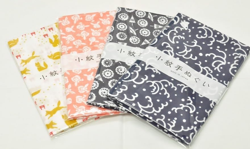 日本手拭 小紋タオル 4柄アソート 狐と鳥居、ももうさぎ、和傘、ちどり柄 日本製