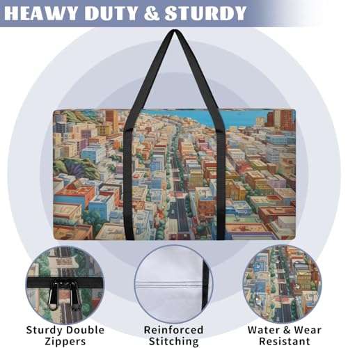 Modern City Extra Large Moving Bags Heavy Duty Storage Bags Colorful City Cloth Wrap Around Handles Double Zipper Reusable Convenient Foldable Storage Tote for Travel Camping Space Save3
