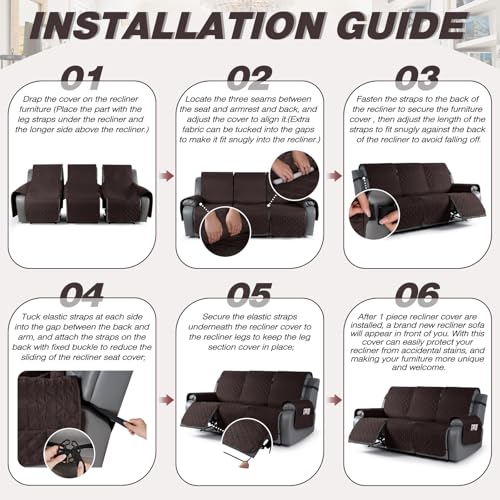 Image of TAOCOCO 100% Waterproof Recliner Covers, Recliner Sofa Covers with Leg Straps, Reversible Recliner Couch Cover for Reclining Chair, Washable Couch Protector for Pets Kids(3 Seater, Chocolate)