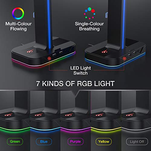 havit Porta Cuffie RGB Supporto per Doppio Cuffie Gamings con 2 caricatori USB, Supporto per Cuffie da Gioco con 7 modalità di Illuminazione, per PC/Netbook/Gamer