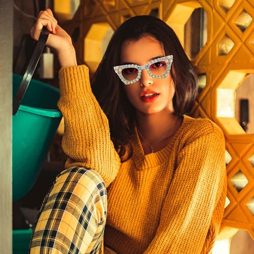 LJCZKA Sparkling Crystal Cat Eye Sunglasses Women Square Rhinestone Pearl Sun Glasses Party Diamond Bling Punk Eyewear2