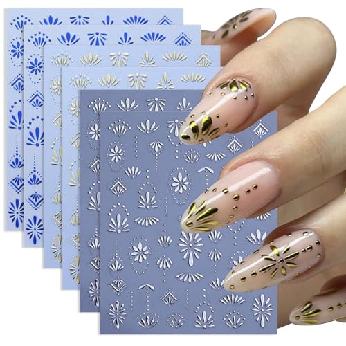 Kinretixia 6 hojas de pegatinas para uñas estilo bohemio, arte de uñas en 3D, autoadhesivas doradas y diseños plateados, pegatinas retro azules para mujeres