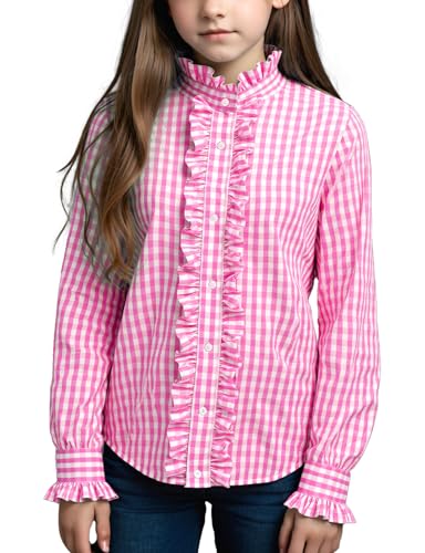 Noomelfish Girls Ruffle Button Down Uniform Dress Shirts Kids Plaid Western Long Sleeve Blouse Tops (5-14 Years)
