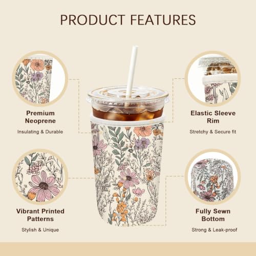 Image of Insulated Neoprene Cup Sleeve for Iced Coffee & Cold Soda - Reusable & Sweatproof, Keeps Drinks Cold Longer, Coffee Coolie for Hot & Iced Drinks (Wildflowers, Large: 32oz)