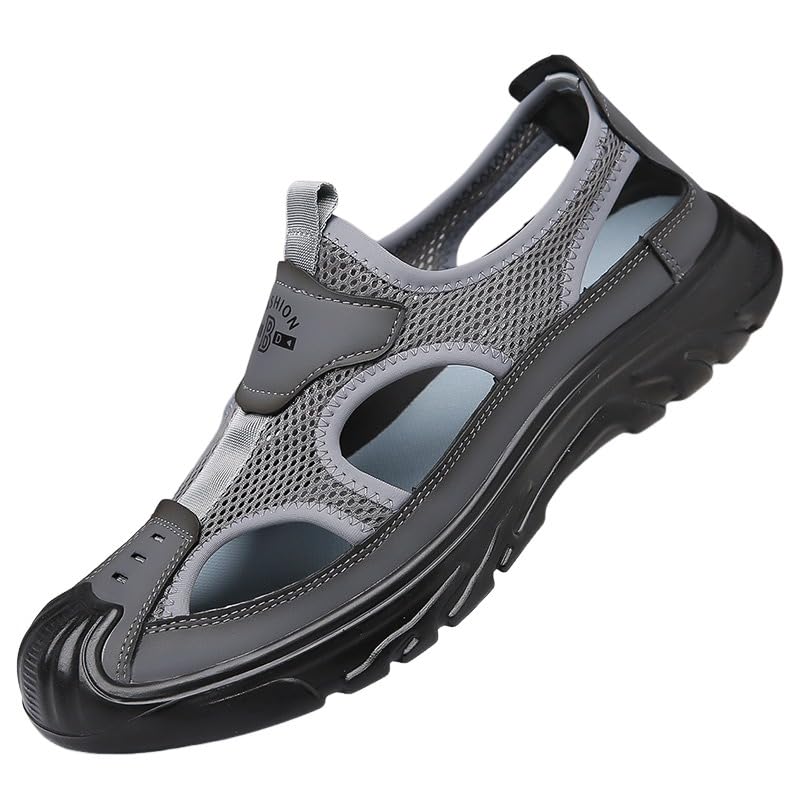 ENEN Sandalias de Hombre con Punta Protectora, Zapatillas de Senderismo Transpirables con Cordón Ajustable, Suela de Goma Antideslizante para Playa, Trekking y Paseos al Aire Libre (Gris,43)
