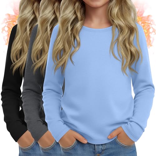 Recopilación de Camisetas térmicas para Niña . 43 LessonZoo - Paquete de 3 camisetas térmicas de manga larga para niñas y niños, cuello redondo, forro polar, capa base de invierno, camisetas básicas, Azul, gris oscuro, negro,...