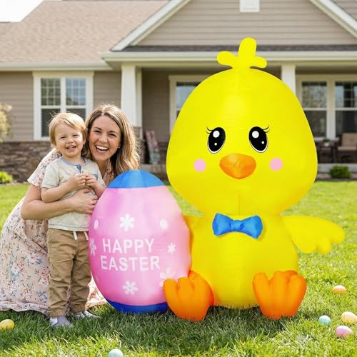 Easter Inflatable White Bunny Rabbit with Colorful Egg, Lighted Blow Up Decoration for Yard Garden Lawn Outdoor Front Door Holiday Decor (5Ft-Chick Hold Egg)