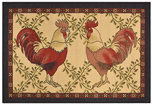 Kitchen Collection Rooster Beige Multi-Color Printed Slip Resistant Rubber Back Latex Contemporary French Country Kitchen Area Rug (Rooster, 3'3" X 4'11") #TOP18