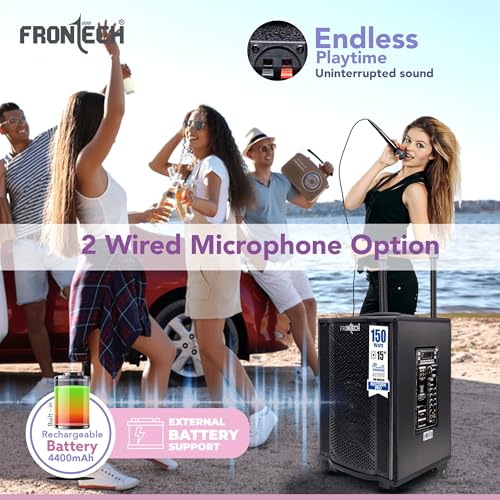 Image of FRONTECH Nocturn Pro Trolley Speaker | 150W Powerful Sound | Dual Wireless Microphones | USB /TF /Bluetooth /FM | Guitar & MIC Input | Rechargeable Battery (SW-0211, Black)