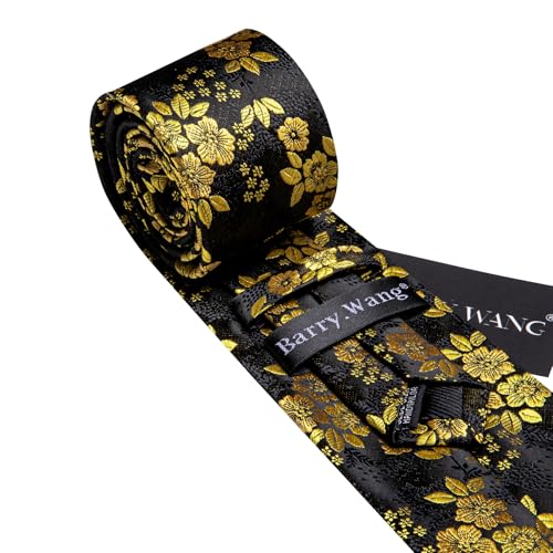 Image of Barry.Wang Flower Ties for Men Silk Woven Floral Tie Sets Necktie Handkerchief Cufflinks Wedding Party