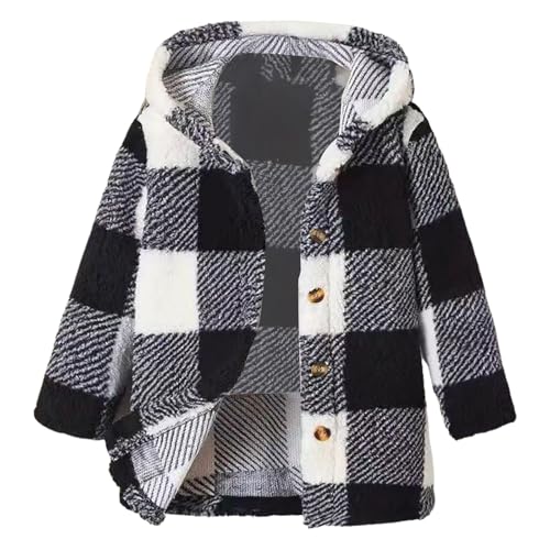 Girls Boys Button Up Hooded Fuzzy Jacket Plaid Long Sleeve Warm Fleece Sherpa Hoodie Kids Casual Daily Winter Outwear
