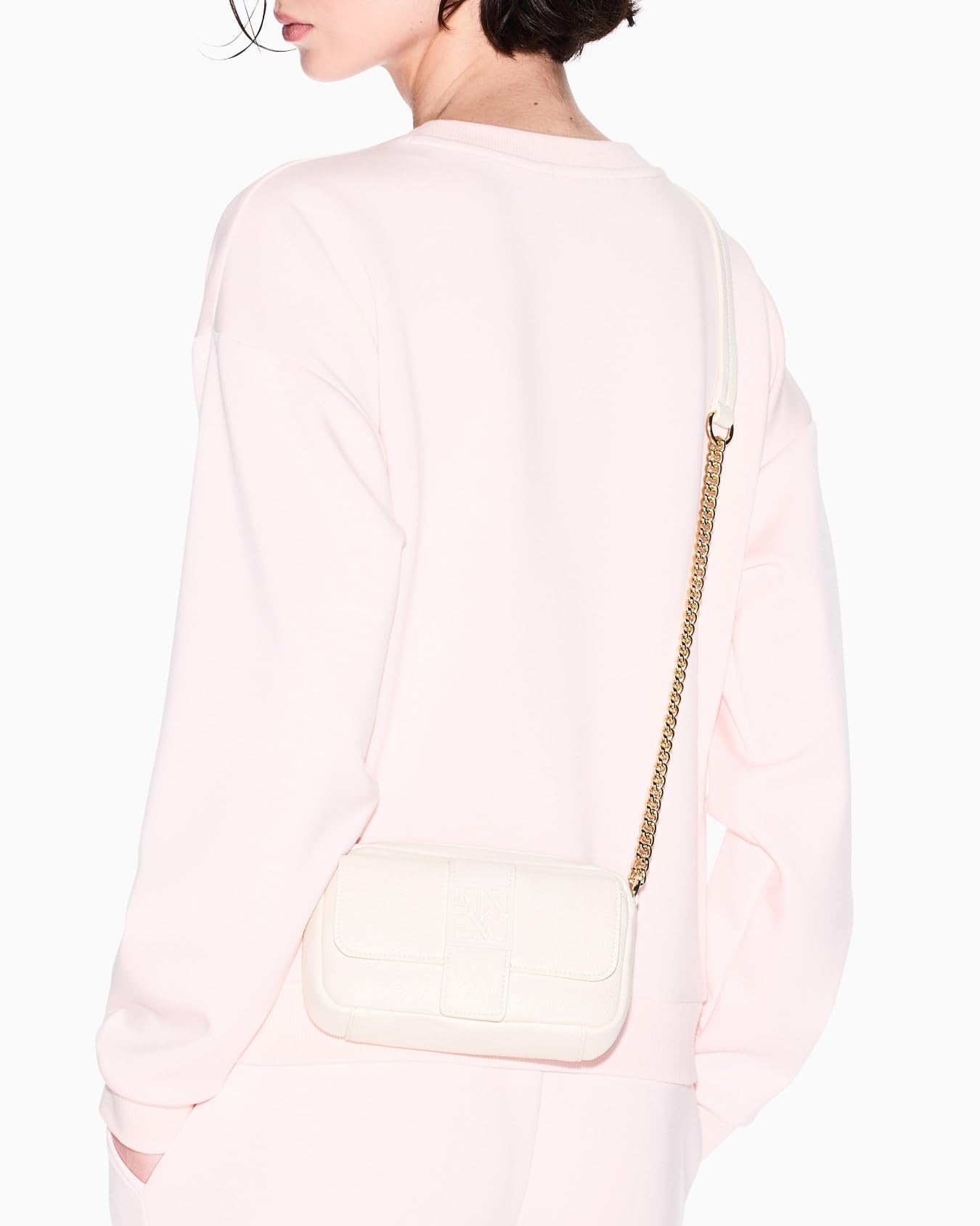 Armani Exchange Susy, Essential, Sustaible, Soft, Chain Shoulder Strap, Borsa Messenger Donna, Bianco Sporco