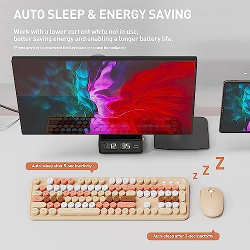 Image of Brown Wireless Keyboard and Mouse Combo, Retro Typewriter Style Round Key Keyboard, 2.4Ghz Wireless Full Size Aesthetic Keyboard with Number Pad for Long Nails PC Laptop Desktop