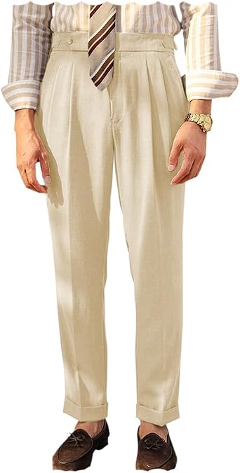 Vintage Mens Linen Casual Pants Relaxed Fit Spring Cotton Trousers with Adjustable Waistband