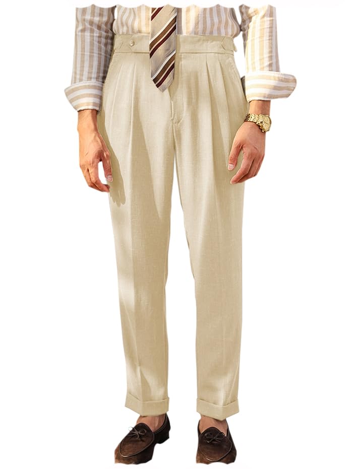 Vintage Men's Linen Casual Pants Relaxed Fit Spring Cotton Trousers with Adjustable Waistband