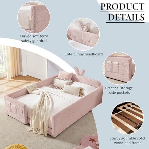 Image of Queen Size Bed Frame for Kids, Upholstered Daybed Frame Floor Bed with Safety Rails and Storage Pocket Cute Rabbit Ear Shaped Headboard for Kids Teens Boys Girls, Pink