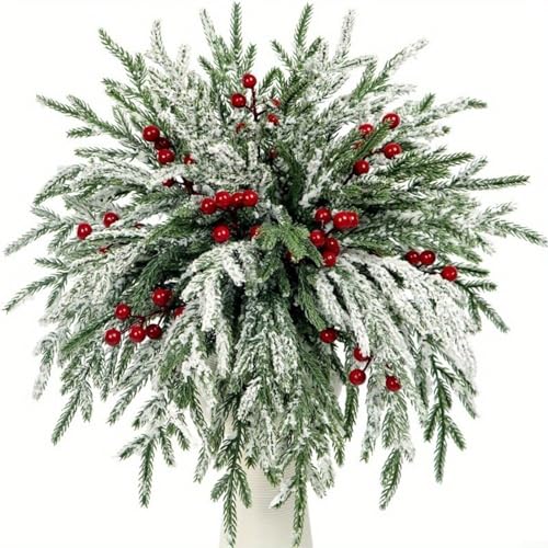 Lot de 20 branches de pin artificielles de Noël Norfolk avec aiguilles et baies enneigées pour décoration de sapin de Noël