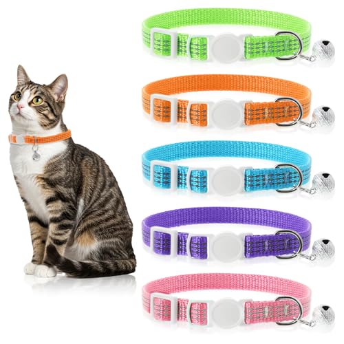 5 Stück Katzenhalsband, Katzen Halsbänder Reflektierende Halsband Katze, Katzenhalsbänder mit Sicherheitsverschluss mit Glöckchen Verstellbar...