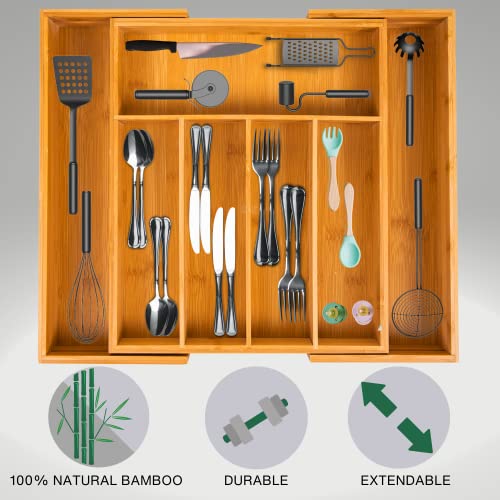 Klass Home Large Cutlery Drawer Organiser - 5-7 Compartment Bamboo Kitchen Tray, Expandable Utensil Rack 43cm x 35cm - Image 2