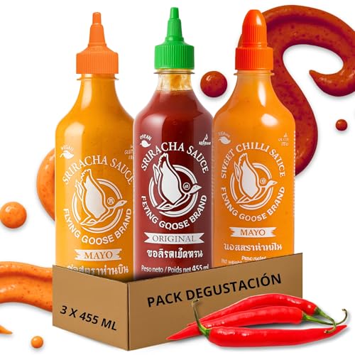 Pack degustación Flying Goose Salsas de chile Picante Sriracha Original 455 ml + Sriracha Mayo 455 ml + Salsa Mayo Sweet Chilli 455 ml, Ideal dipear, hamburguesas y otros, 3 botes de 455 ml