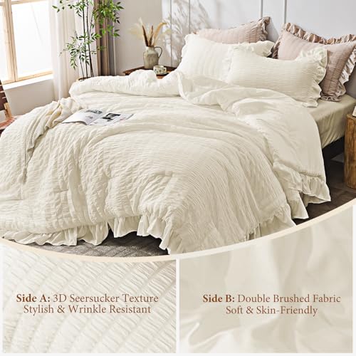 Image of JOLLYVOGUE Oversized Queen Comforter Set, 3 Pieces Ivory Seersucker Comforters, Lightweight & Fluffy Bedding Sets for All Season with 1 Ruffle Comforter and 2 Ruffle Pillowshams