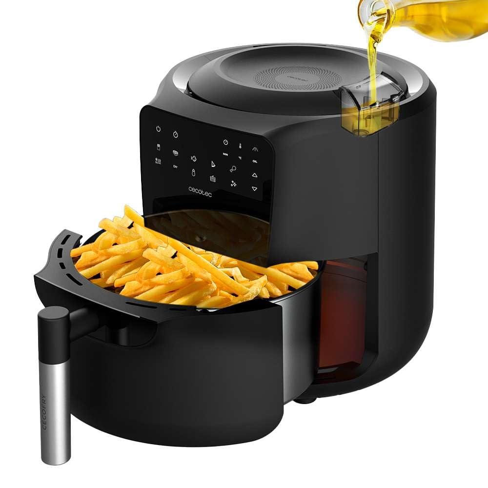 Cecotec Friggitrice ad aria senza olio da 5,5 litri con spray Air Fryer Cecofry Rain M. 1550 W, spray automatico e manuale, pannello di controllo tattile, termostato regolabile, autopulizia, 8 menu