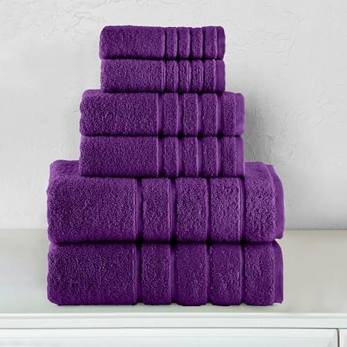 Image of Elegant Comfort 4 Lines Viscose Stripe 6-Piece Premium Towel Set - 100% Turkish Cotton High Absorbent Luxury Bathroom Towels - Includes 2 Washcloths, 2 Hand Towels and 2 Bath Towels Set, Purple