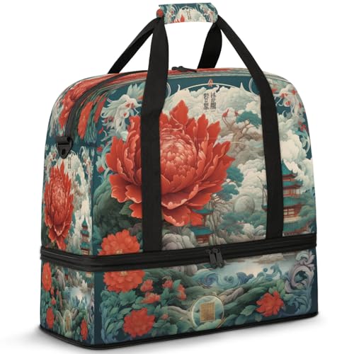 Large Weekender Overnight Bags Travel Duffel Bag for Women Men Flowers Red Peony Gym Bags With Shoe Compartment Foldie Travel Tote Bag Carry On Personal Item Bag for Travel Gym Sports