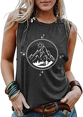 Women Hiking Adventure Mountain Sunrise Tank Tops Shirt Summer Casual Workout Sleeveless Shirts Funny Camping Travel Cute Compass Graphic Athletic Tee Tops-L Dark Grey #TOP1