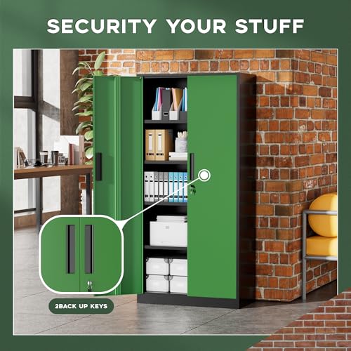 Image of Greenvelly Metal Storage Cabinet, 72 inch Locking Metal Garage Storage Cabinet with Doors and 4 Adjustable Shelves, Lockable Steel Cabinet for Home Office, Garage, Shop, School (Green 32 inch W x 16 inch D)